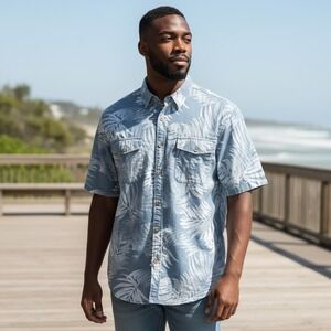 The Foundry Supply Co Mens 2XL Short Sleeve Shirt Botanical  Leaf Print Blue‎